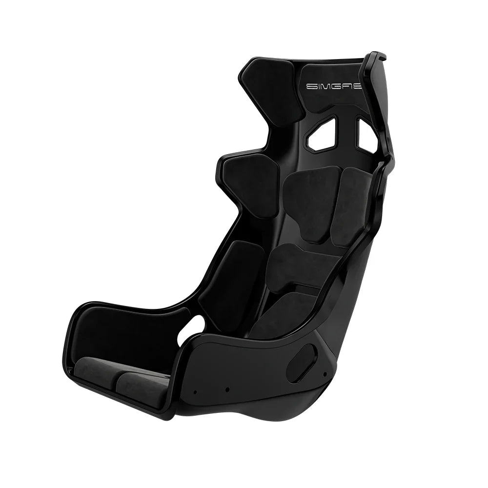 Black-shell SIMGASM Atlas GT seat fitted with black cushions in a front three-quarter view
