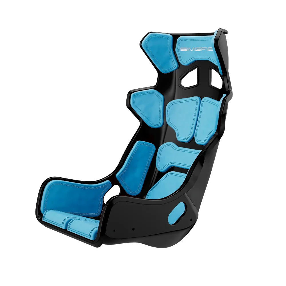 Black-shell SIMGASM Atlas GT seat fitted with blue cushions in a front three-quarter view