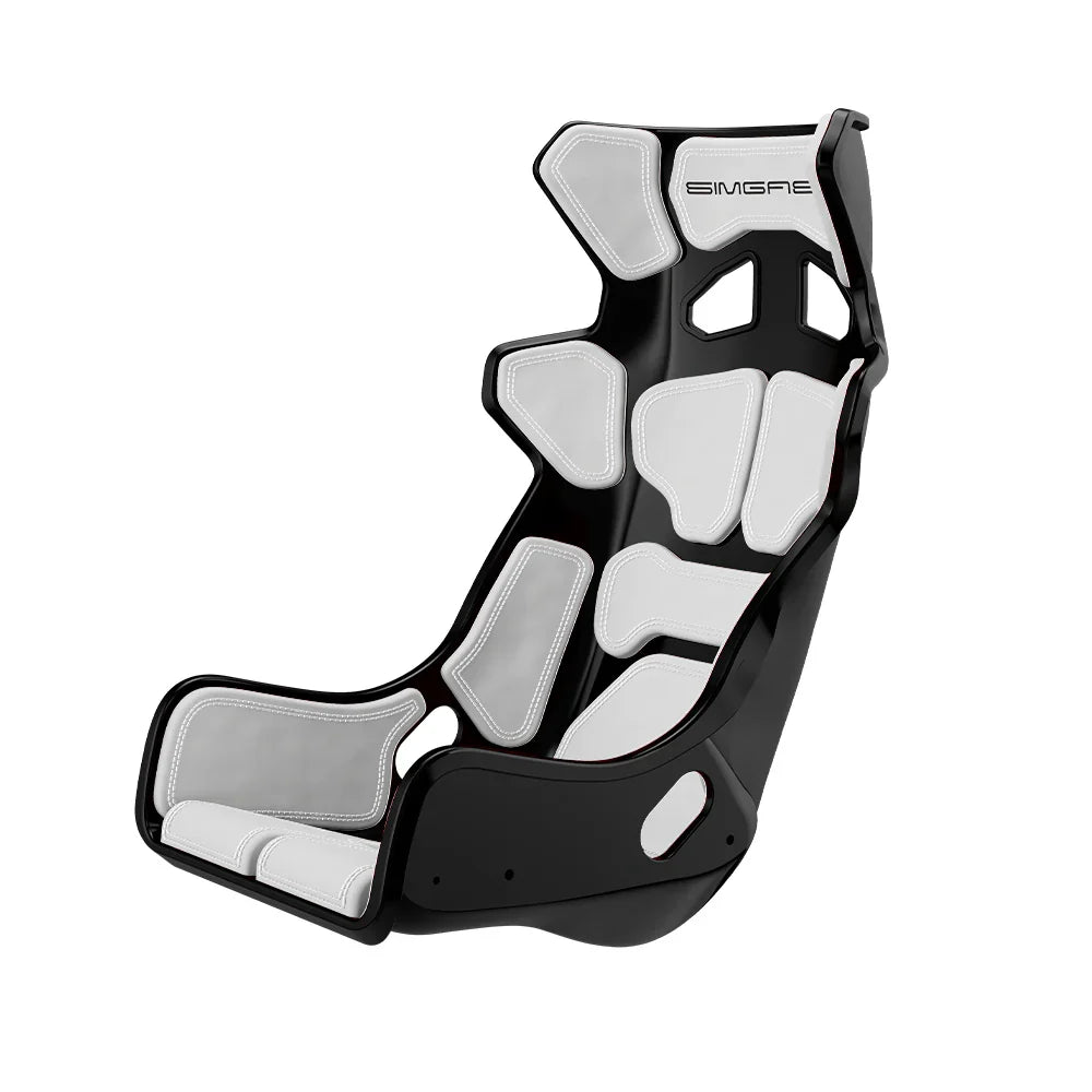 Black-shell SIMGASM Atlas GT seat fitted with white cushions in a front three-quarter view