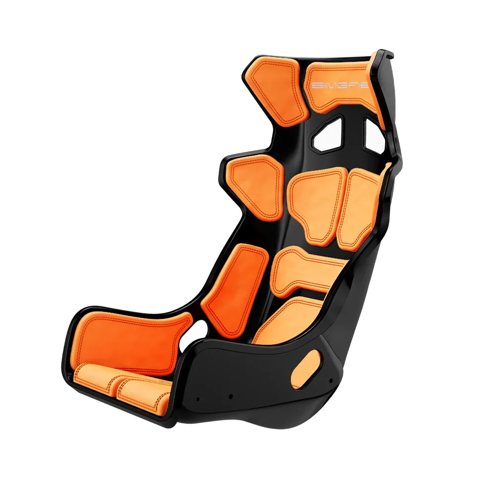 Black-shell SIMGASM Atlas GT seat fitted with orange cushions in a front three-quarter view