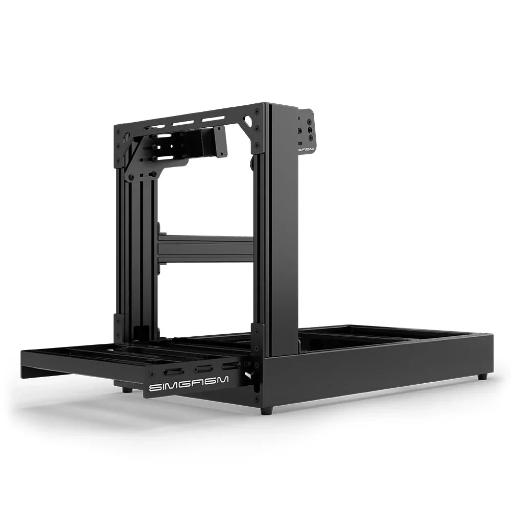 Black SIMGASM Sport sim racing cockpit with side wheel mount, low front three-quarter view