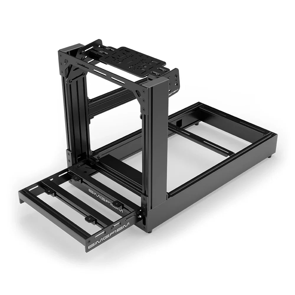 Black SIMGASM Sport sim racing cockpit with bottom wheel mount, elevated front three-quarter view