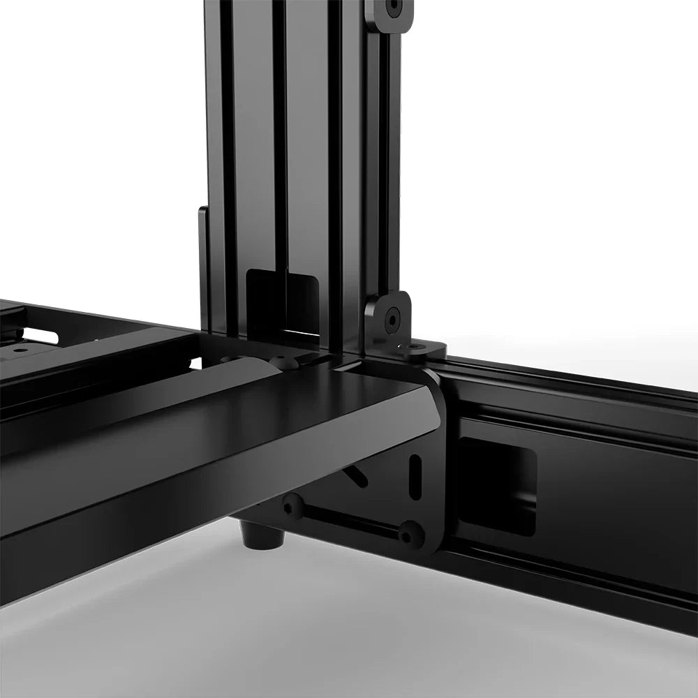 Black SIMGASM Sport sim racing cockpit, close-up of a frame joint and triangular bracket