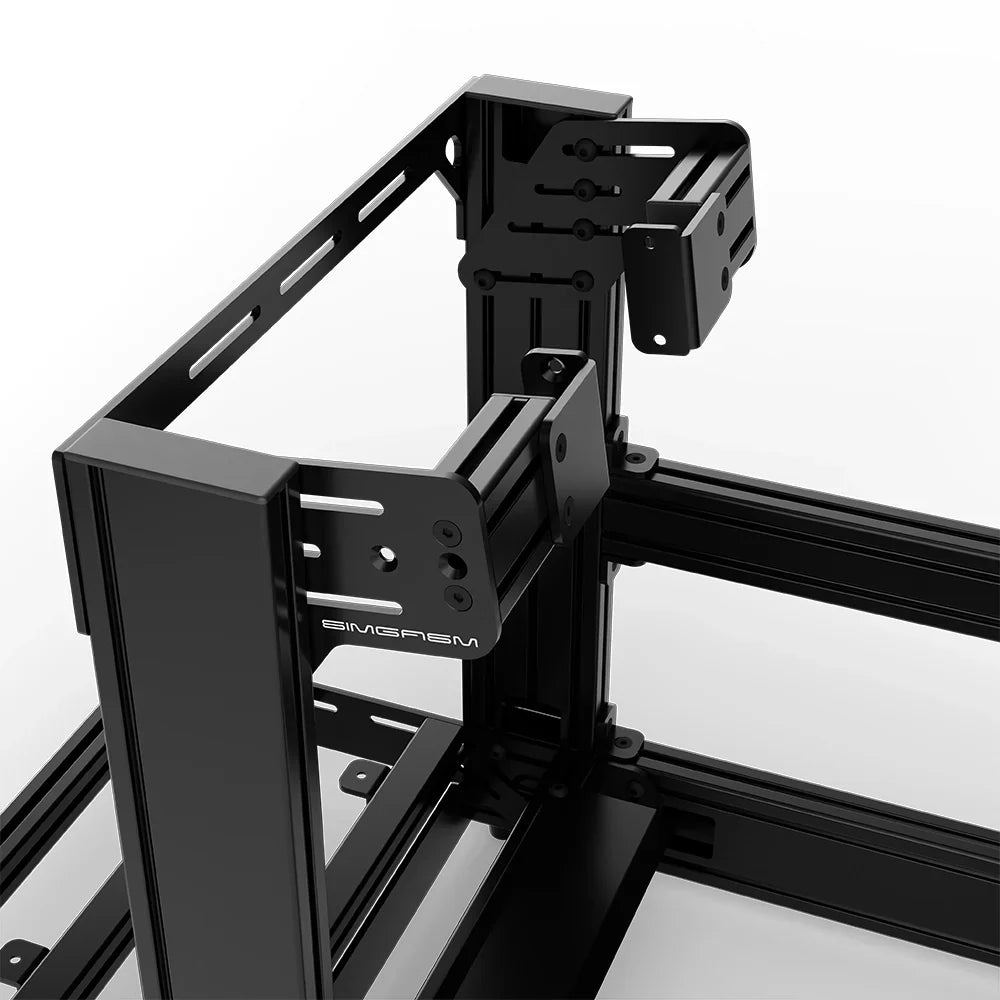 Black SIMGASM Sport sim racing cockpit with side wheel mount, mounting hardware close-up
