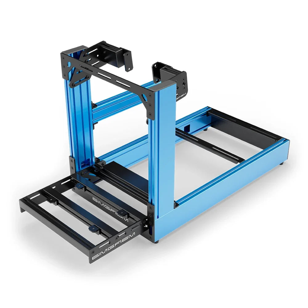 Blue SIMGASM Sport sim racing cockpit with side wheel mount, elevated front three-quarter view