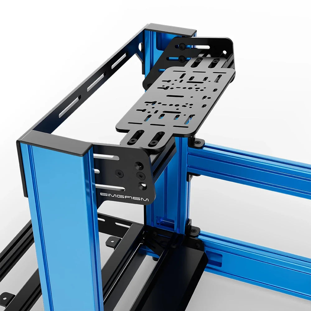 Blue SIMGASM Sport sim racing cockpit with bottom wheel mount, mounting hardware close-up