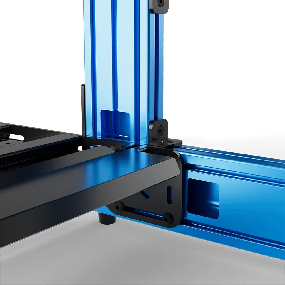 Blue SIMGASM Sport sim racing cockpit, close-up of a frame joint and triangular bracket