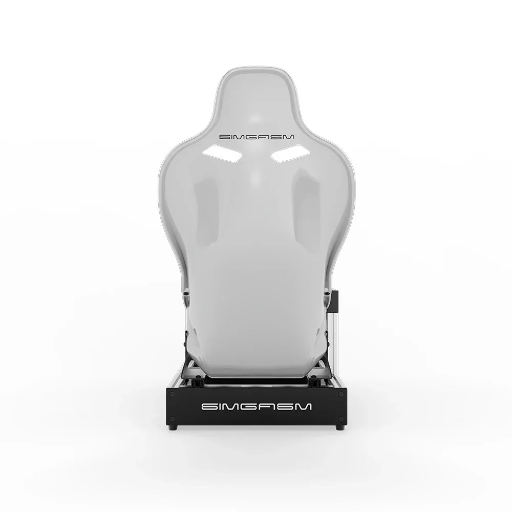 White SIMGASM Sport sim racing cockpit with MOZA gear and white Formula seat, direct rear view