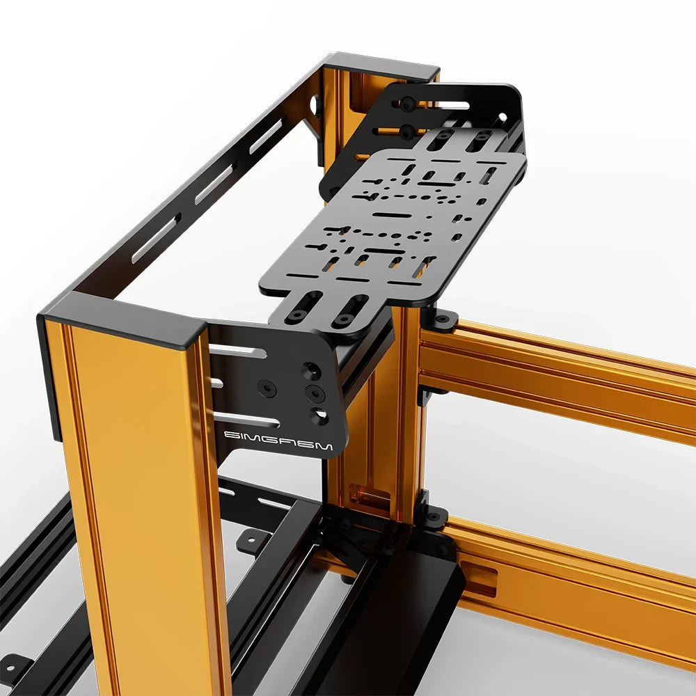 Orange SIMGASM Sport sim racing cockpit with bottom wheel mount, mounting hardware close-up