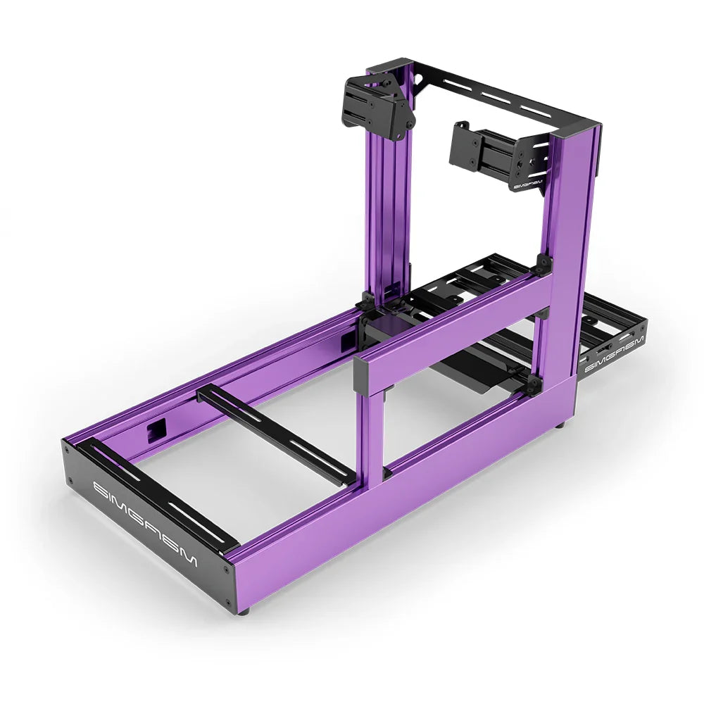 Purple SIMGASM Sport sim racing cockpit with side wheel mount, elevated rear three-quarter view