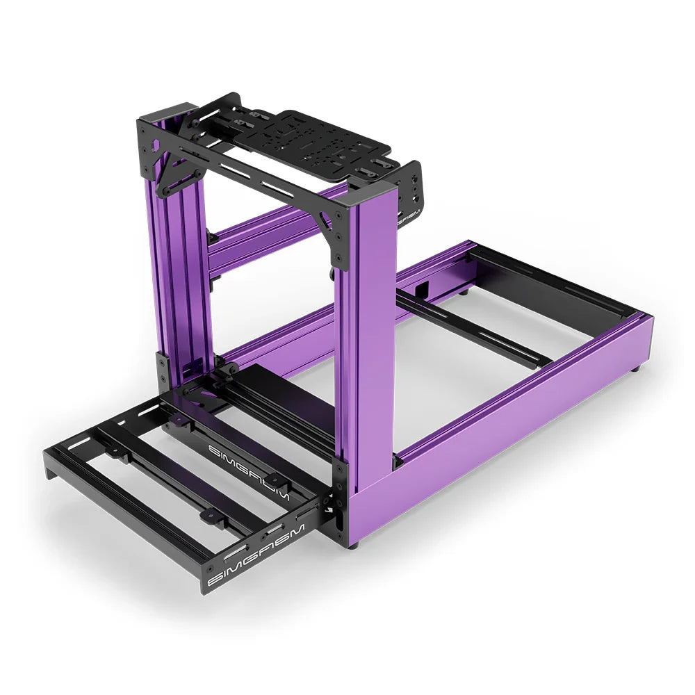 Purple SIMGASM Sport sim racing cockpit with bottom wheel mount, elevated front three-quarter view