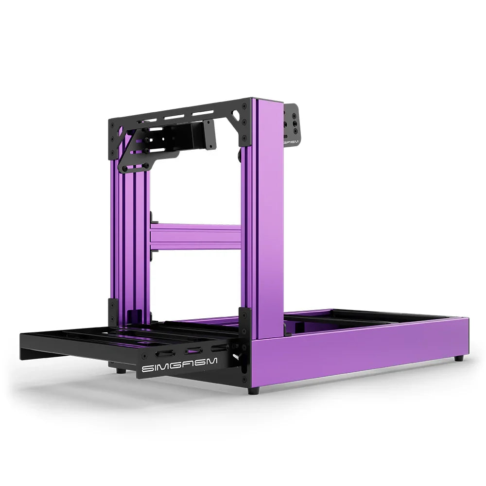 Purple SIMGASM Sport sim racing cockpit with side wheel mount, low front three-quarter view