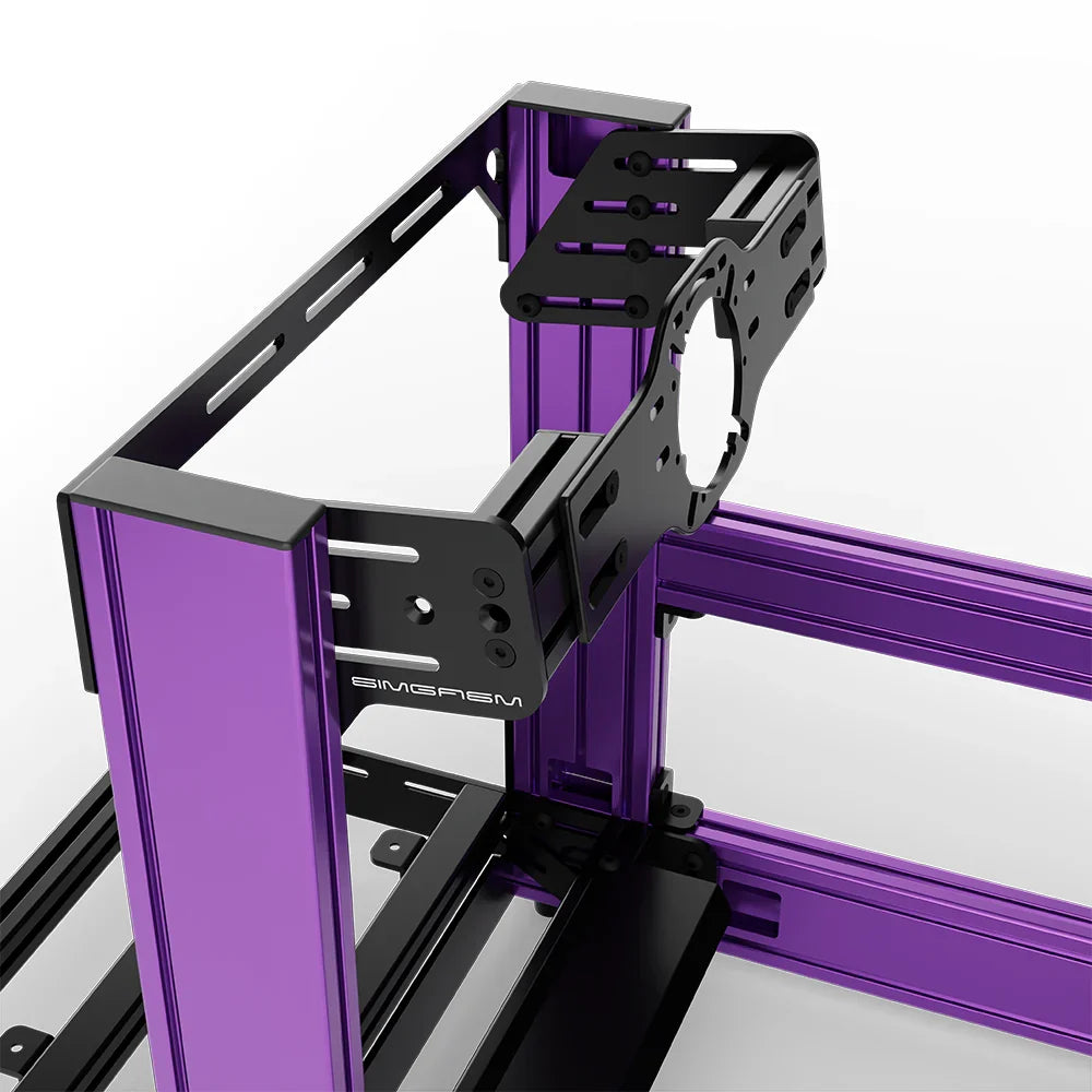 Purple SIMGASM Sport sim racing cockpit with front wheel mount, mounting hardware close-up