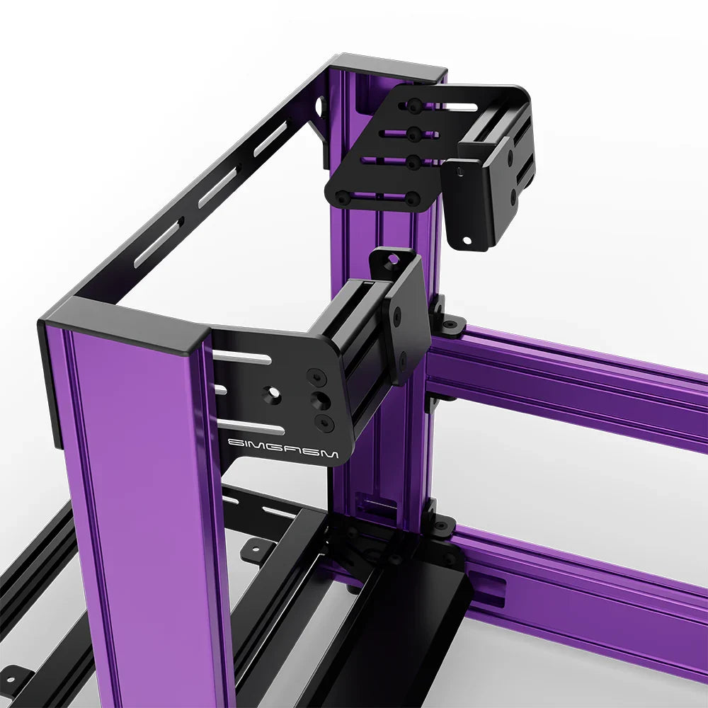 Purple SIMGASM Sport sim racing cockpit with side wheel mount, mounting hardware close-up