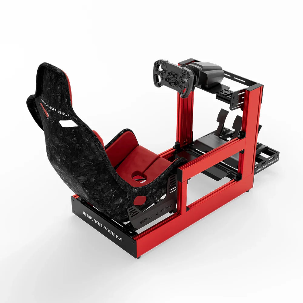 Red SIMGASM Sport sim racing cockpit with MOZA gear and Forged Carbon Look Formula seat, rear three-quarter view