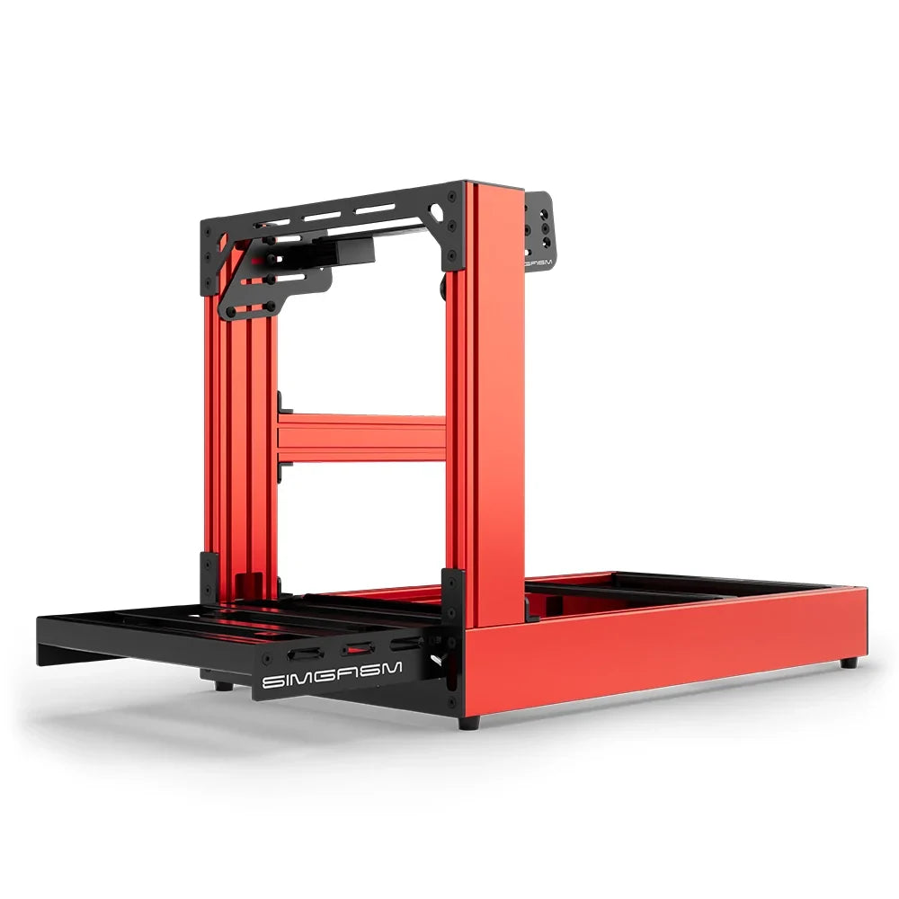 Red SIMGASM Sport sim racing cockpit with bottom wheel mount, low front three-quarter view