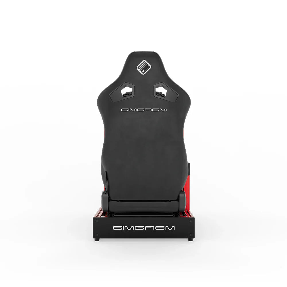 Red SIMGASM Sport sim racing cockpit with MOZA gear and black reclining seat, direct rear view