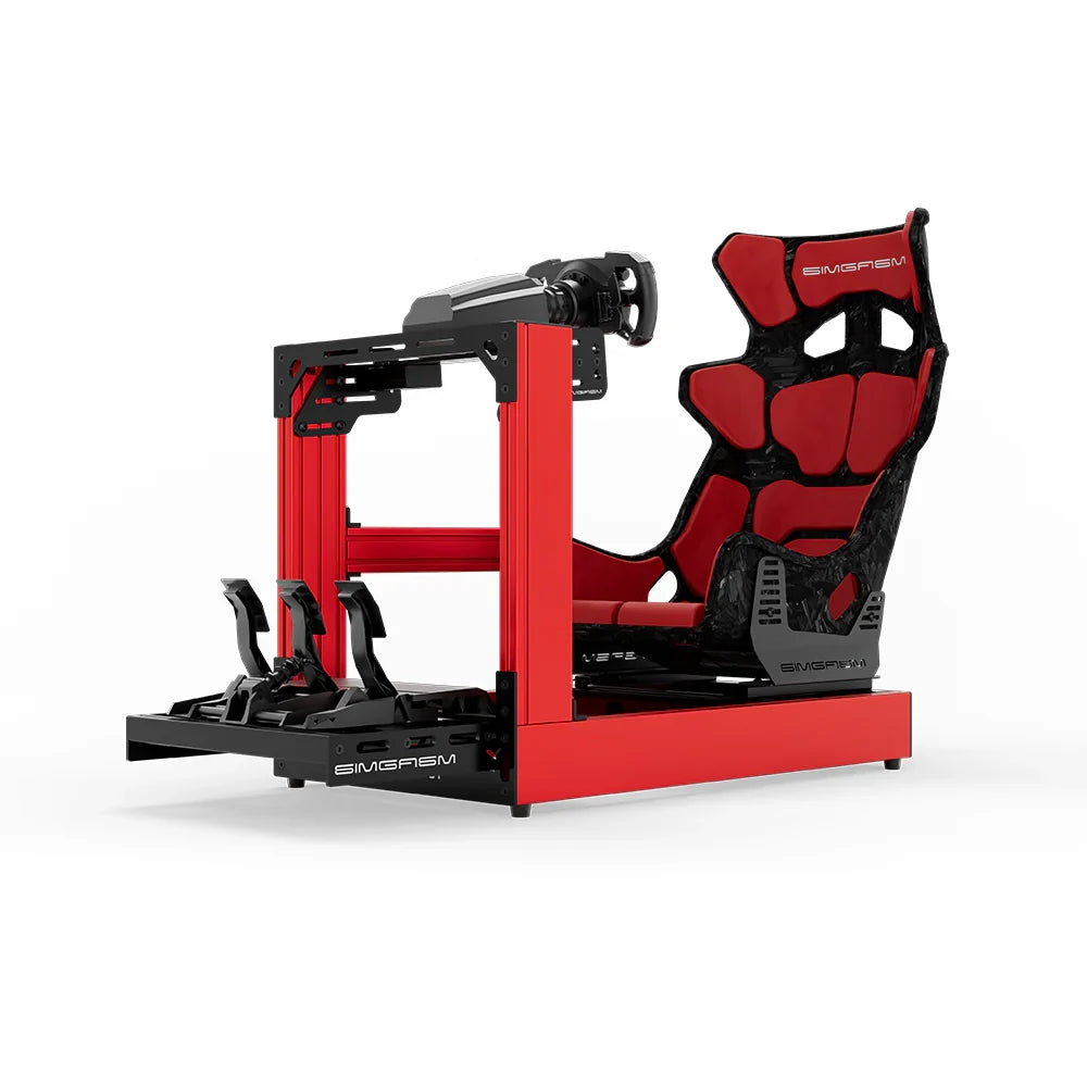 Red SIMGASM Sport sim racing cockpit with MOZA gear and Forged Carbon Look GT seat, opposite side with cushions