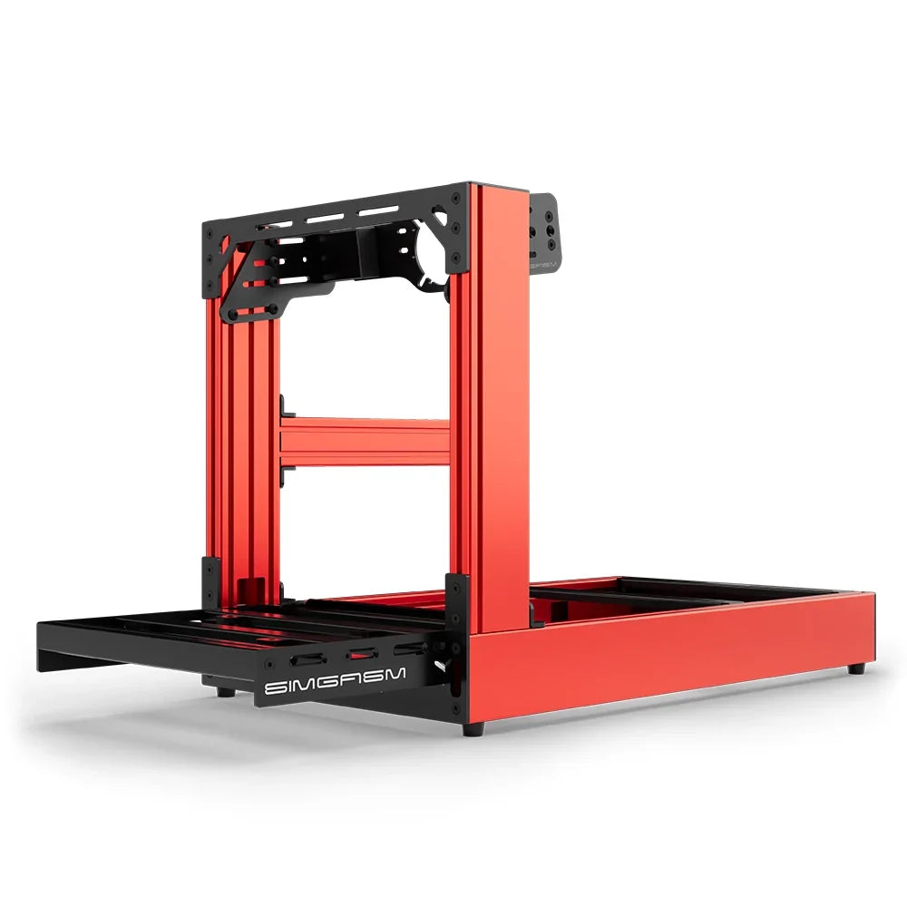 Red SIMGASM Sport sim racing cockpit with front wheel mount, low front three-quarter view