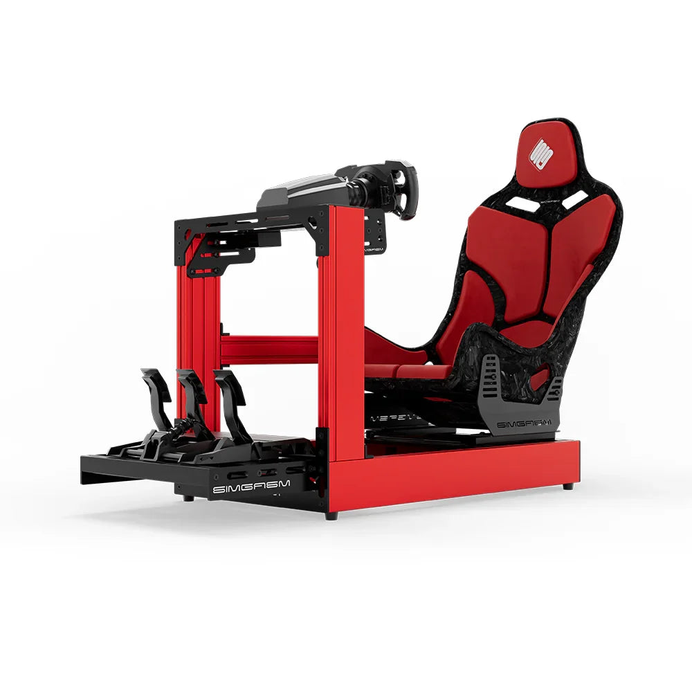 Red SIMGASM Sport sim racing cockpit with MOZA gear and Forged Carbon Look Formula seat, opposite side with cushions