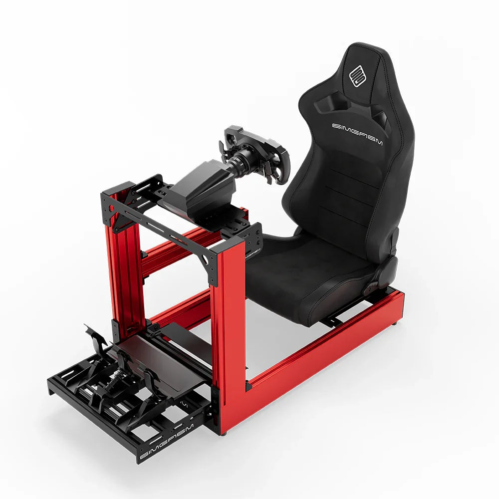 Red SIMGASM Sport sim racing cockpit with MOZA gear and black reclining seat, front three-quarter with pedals