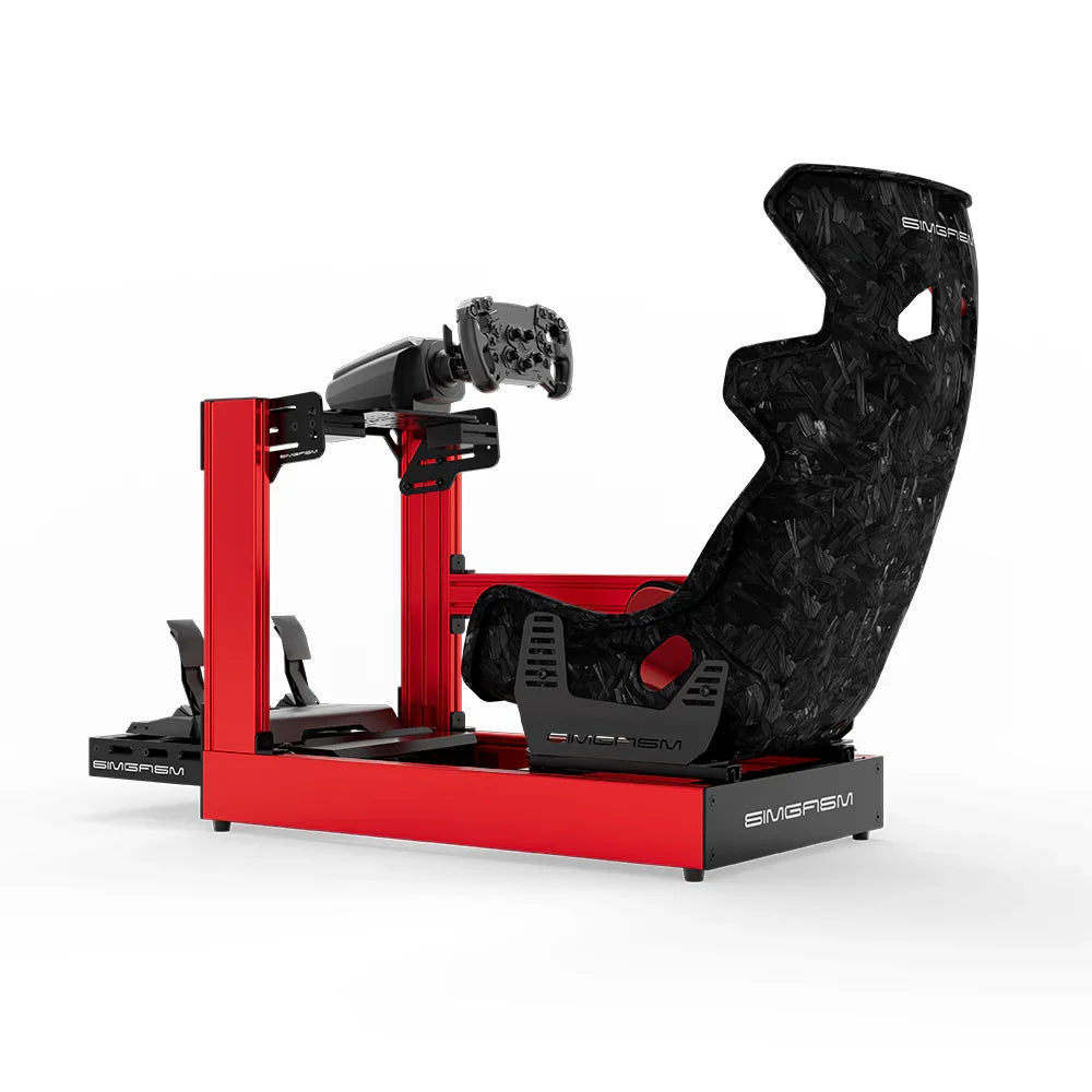 Red SIMGASM Sport sim racing cockpit with MOZA gear and Forged Carbon Look GT seat, side view showing seat back