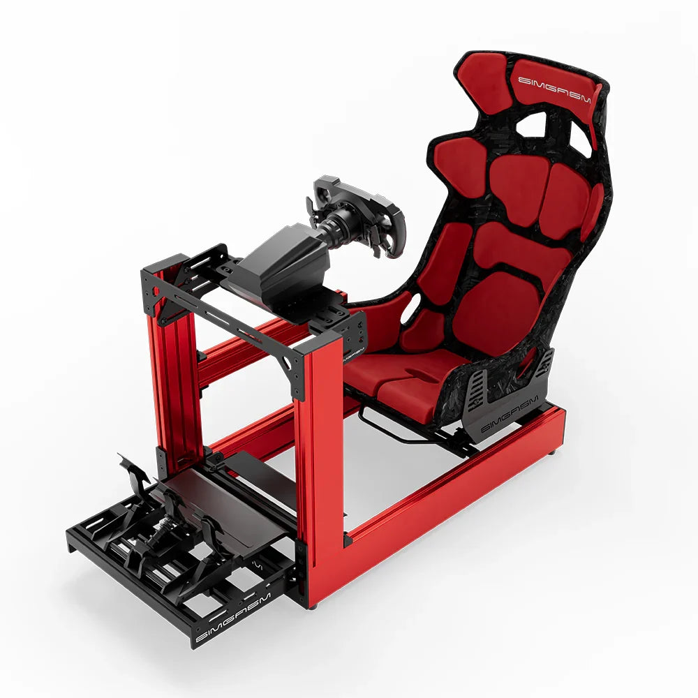 Red SIMGASM Sport sim racing cockpit with MOZA gear and Forged Carbon Look GT seat, front three-quarter with pedals