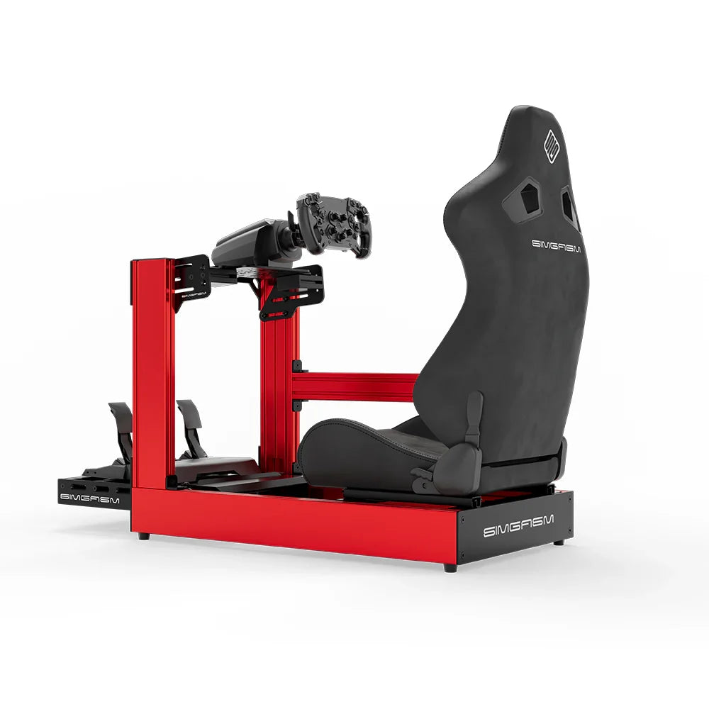 Red SIMGASM Sport sim racing cockpit with MOZA gear and black reclining seat, side view showing seat back