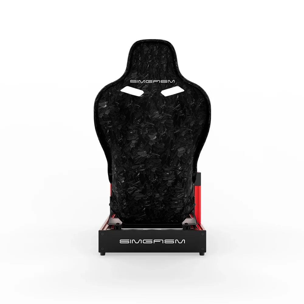 Red SIMGASM Sport sim racing cockpit with MOZA gear and Forged Carbon Look Formula seat, direct rear view
