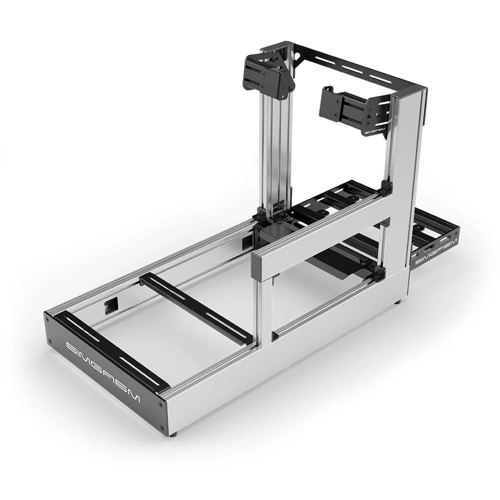 Silver SIMGASM Sport sim racing cockpit with side wheel mount, elevated rear three-quarter view