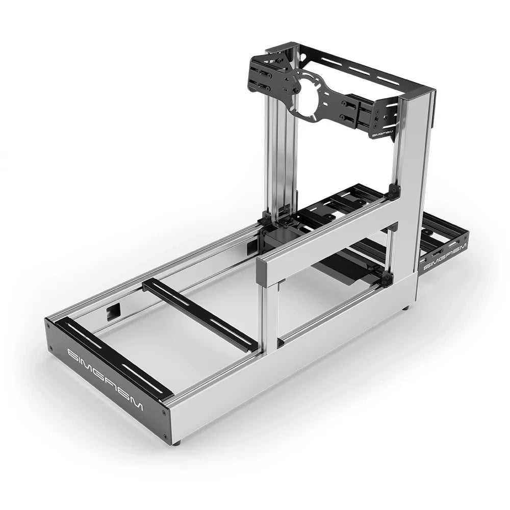 Silver SIMGASM Sport sim racing cockpit with front wheel mount, elevated rear three-quarter view