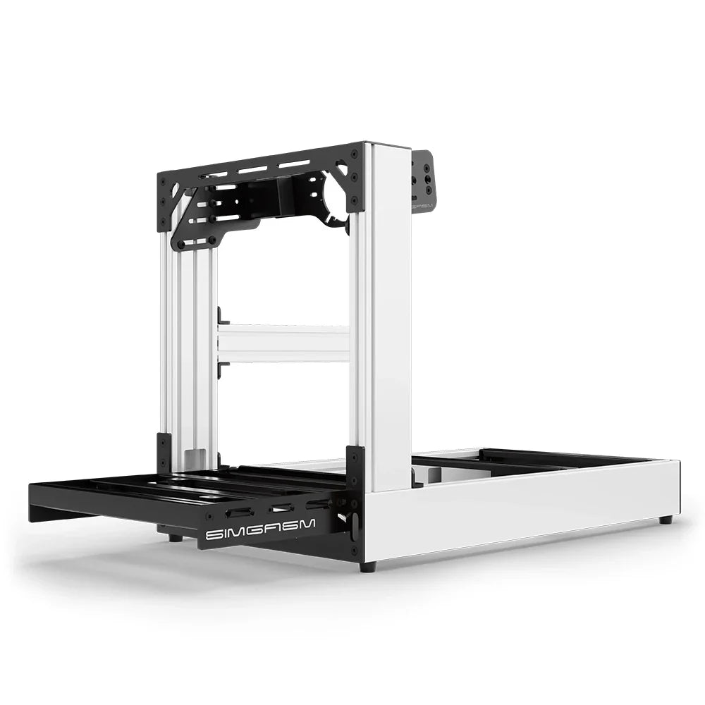 White SIMGASM Sport sim racing cockpit with front wheel mount, low front three-quarter view