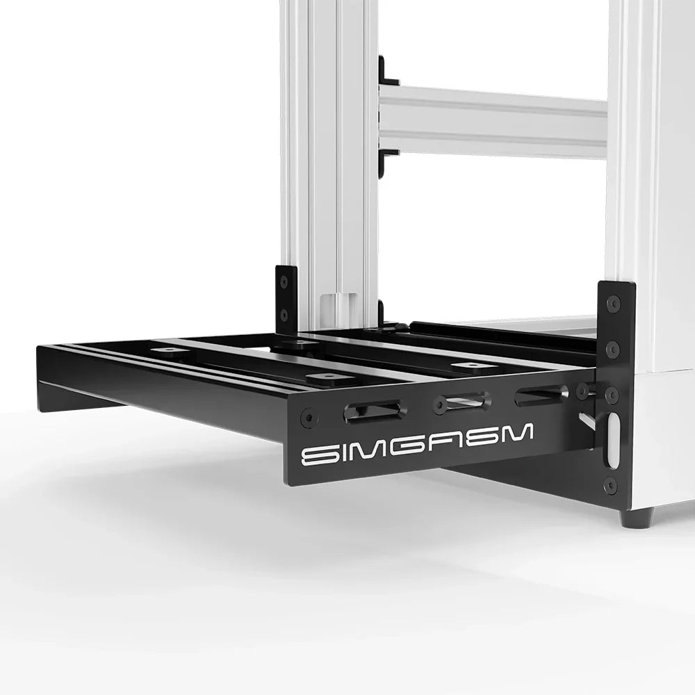 White SIMGASM Sport sim racing cockpit, close-up of the pedal tray and SIMGASM logo plate