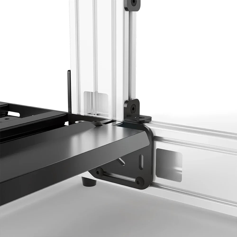 White SIMGASM Sport sim racing cockpit, close-up of a frame joint and triangular bracket