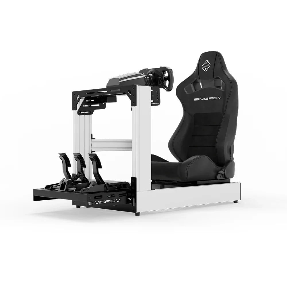 White SIMGASM Sport sim racing cockpit with MOZA gear and black reclining seat, opposite side with cushions