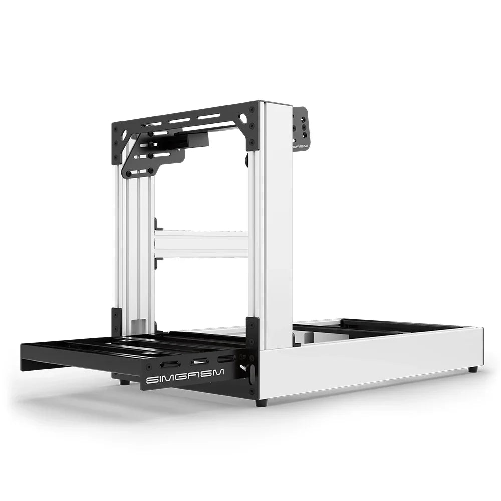 White SIMGASM Sport sim racing cockpit with bottom wheel mount, low front three-quarter view