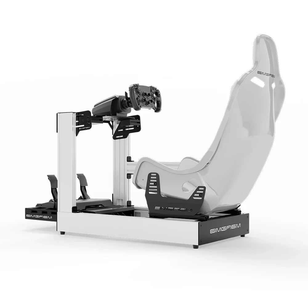 White SIMGASM Sport sim racing cockpit with MOZA gear and white Formula seat, side view showing seat back