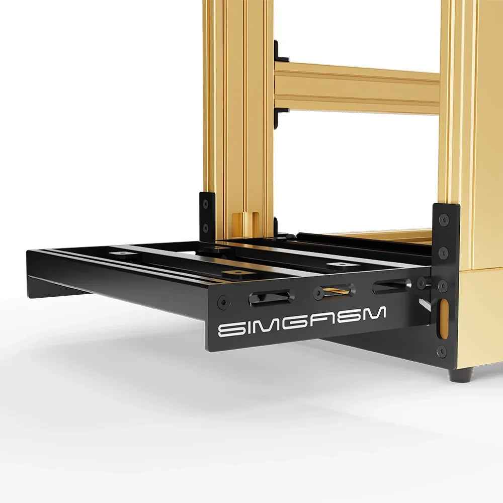 Gold SIMGASM Sport sim racing cockpit, close-up of the pedal tray and SIMGASM logo plate