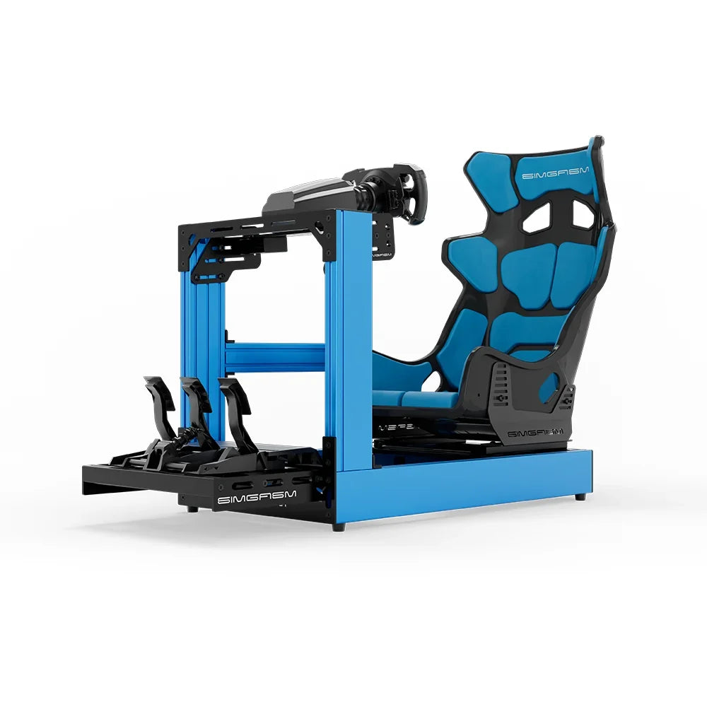 Blue SIMGASM Sport sim racing cockpit with MOZA gear and blue GT seat, opposite side with cushions