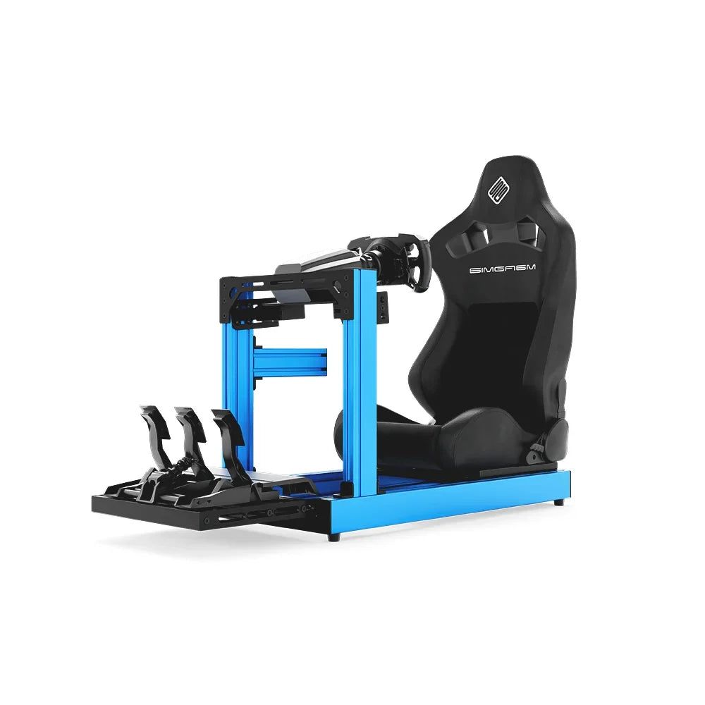 SIMGASM Club blue sim racing cockpit with black reclining seat and MOZA wheel base, front three-quarter studio view
