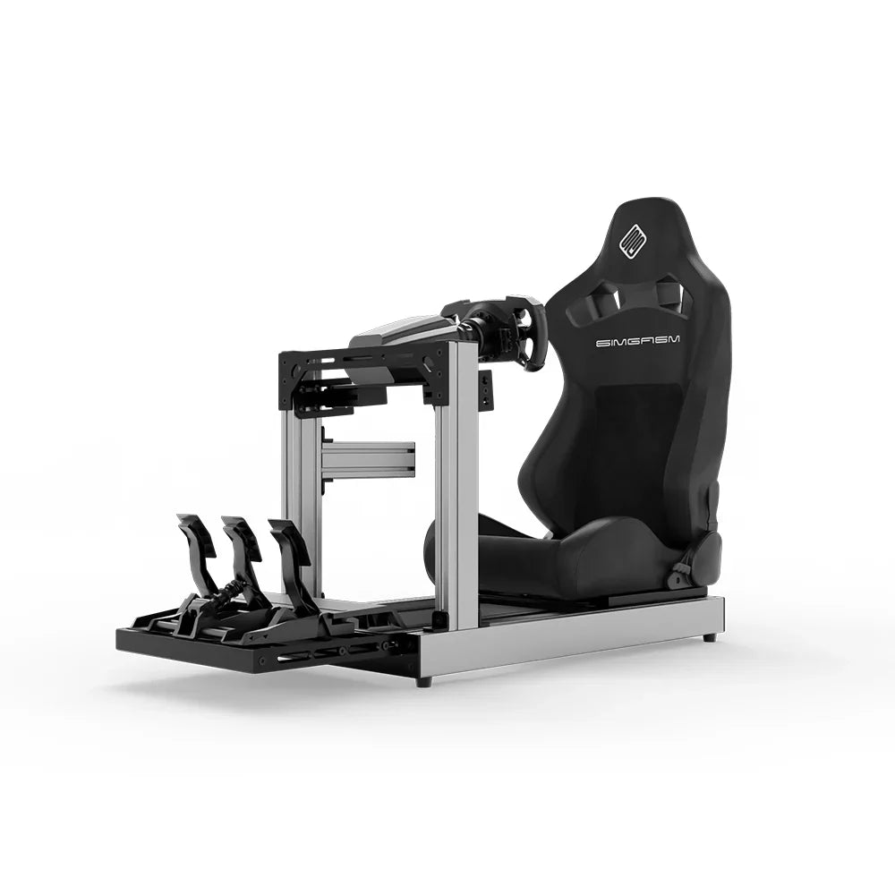 SIMGASM Club green sim racing cockpit with black reclining seat and MOZA wheel base, front three-quarter studio view
