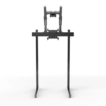 Front three-quarter view of the black SIMGASM Apex freestanding double monitor stand