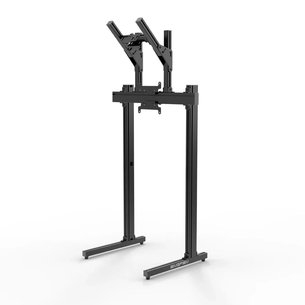 Straight-on view of the black SIMGASM Apex freestanding double monitor stand