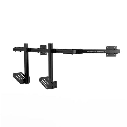 Rear three-quarter view of the black SIMGASM Core integrated triple monitor stand with VESA mounts