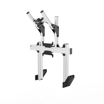 Left three-quarter product view of the white SIMGASM Apex integrated double monitor stand with its VESA brackets