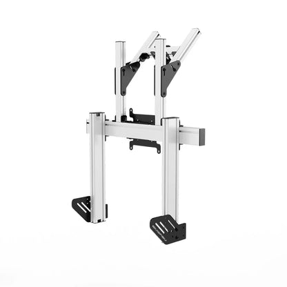 Right three-quarter product view of the white SIMGASM Apex integrated double monitor stand with its VESA brackets
