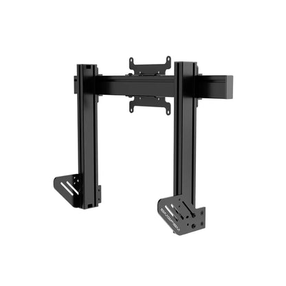 Rear angled view of the SIMGASM Apex integrated monitor stand showing the crossbar and cockpit mounts