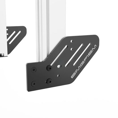 Close-up of the black side mounting plate attached to the white SIMGASM Apex integrated single monitor stand upright