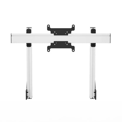 Straight-on product view of the white SIMGASM Apex integrated single monitor stand with its VESA brackets