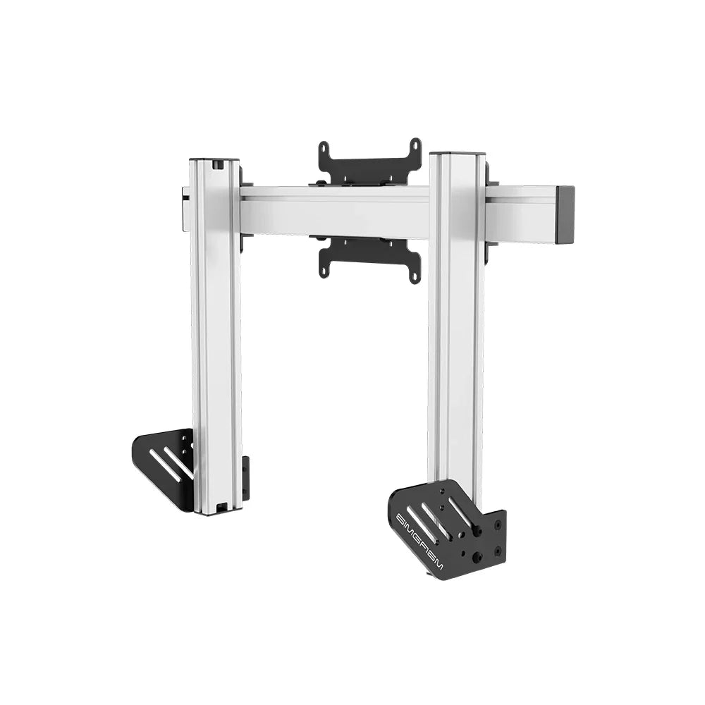 Right three-quarter product view of the white SIMGASM Apex integrated single monitor stand with its VESA brackets